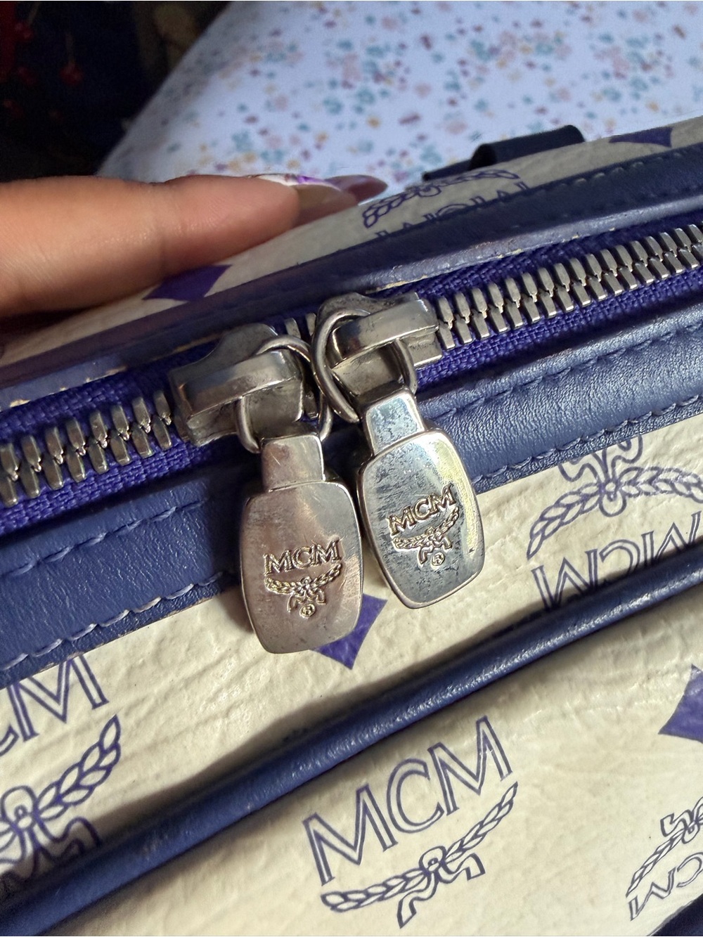 MCM Cream Satchel with Blue Trim and Yellow Accents - Picture 4 of 14